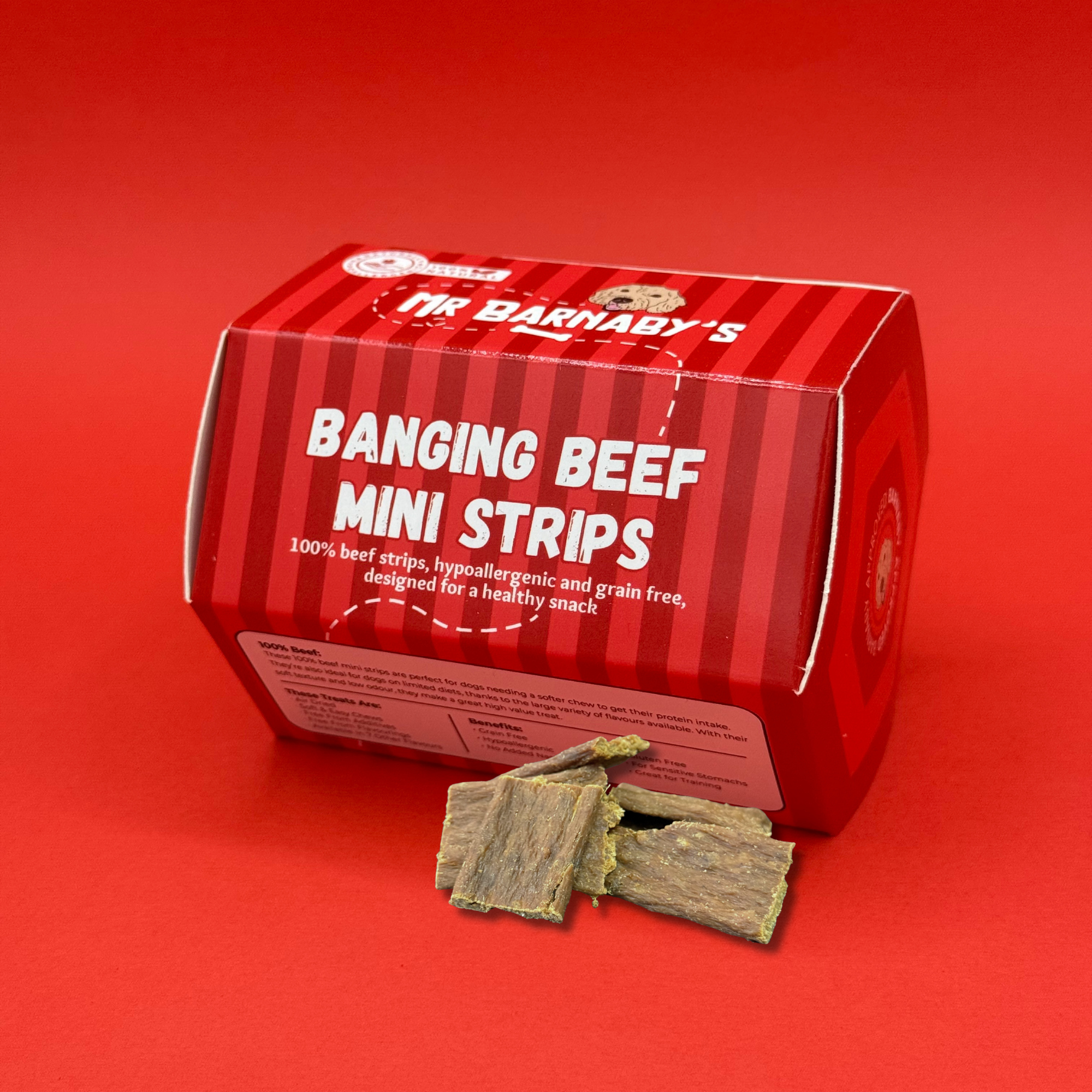 Mr Barnaby’s Banging Beef Mini Strips – natural beef dog treats shown in front of the branded box, featuring thin, air-dried beef strips perfect for training or daily rewards.