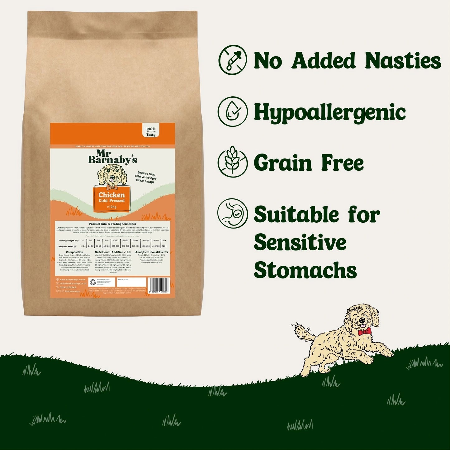 Bag of Mr Barnaby's dog food with product features listed on a white background