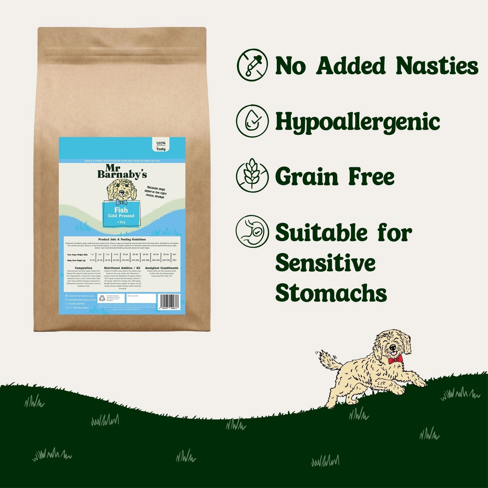 Dog food package with Barnaby's branding and text highlighting features on a white background.
