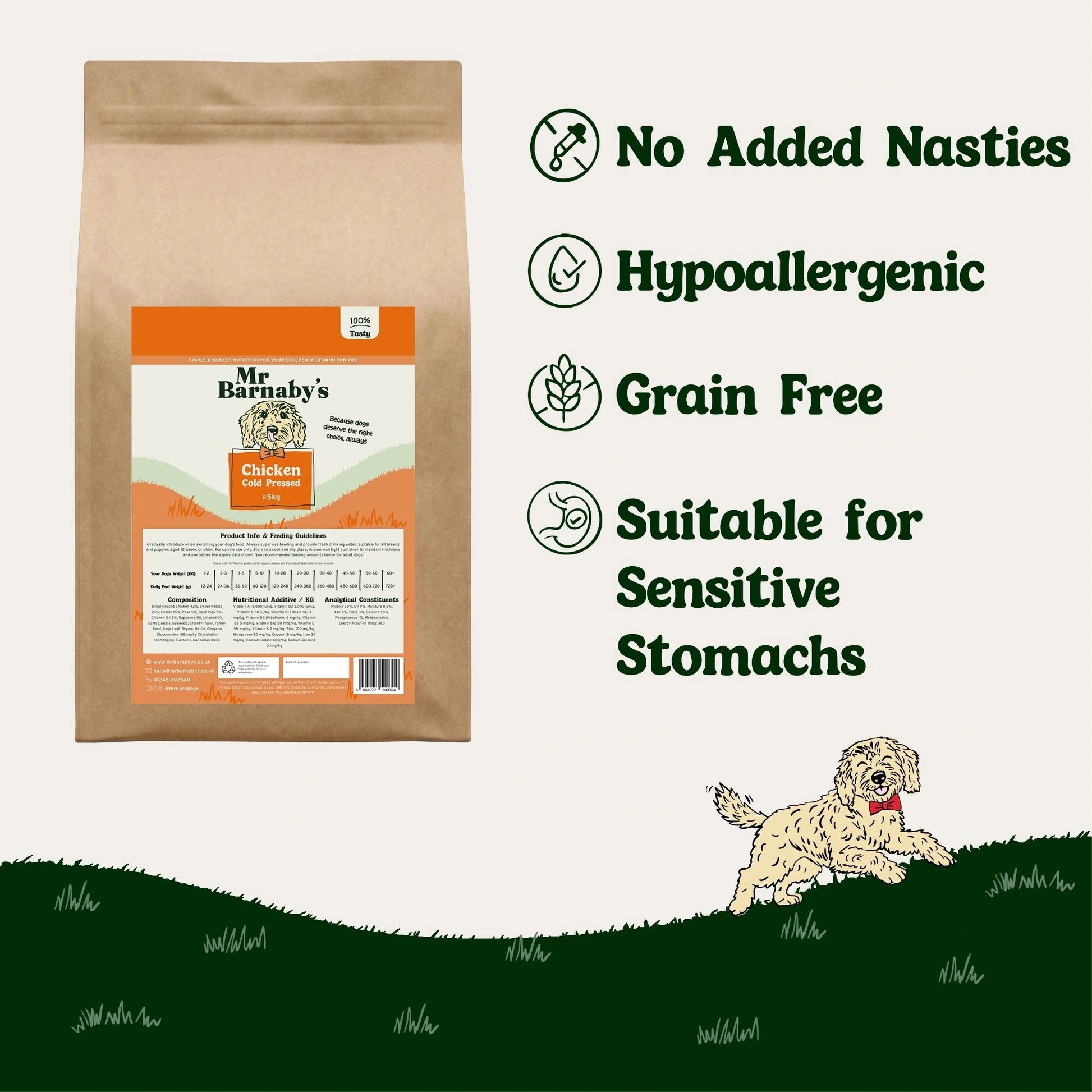 Mr Barnaby's Dog food package with text highlighting features on a white background