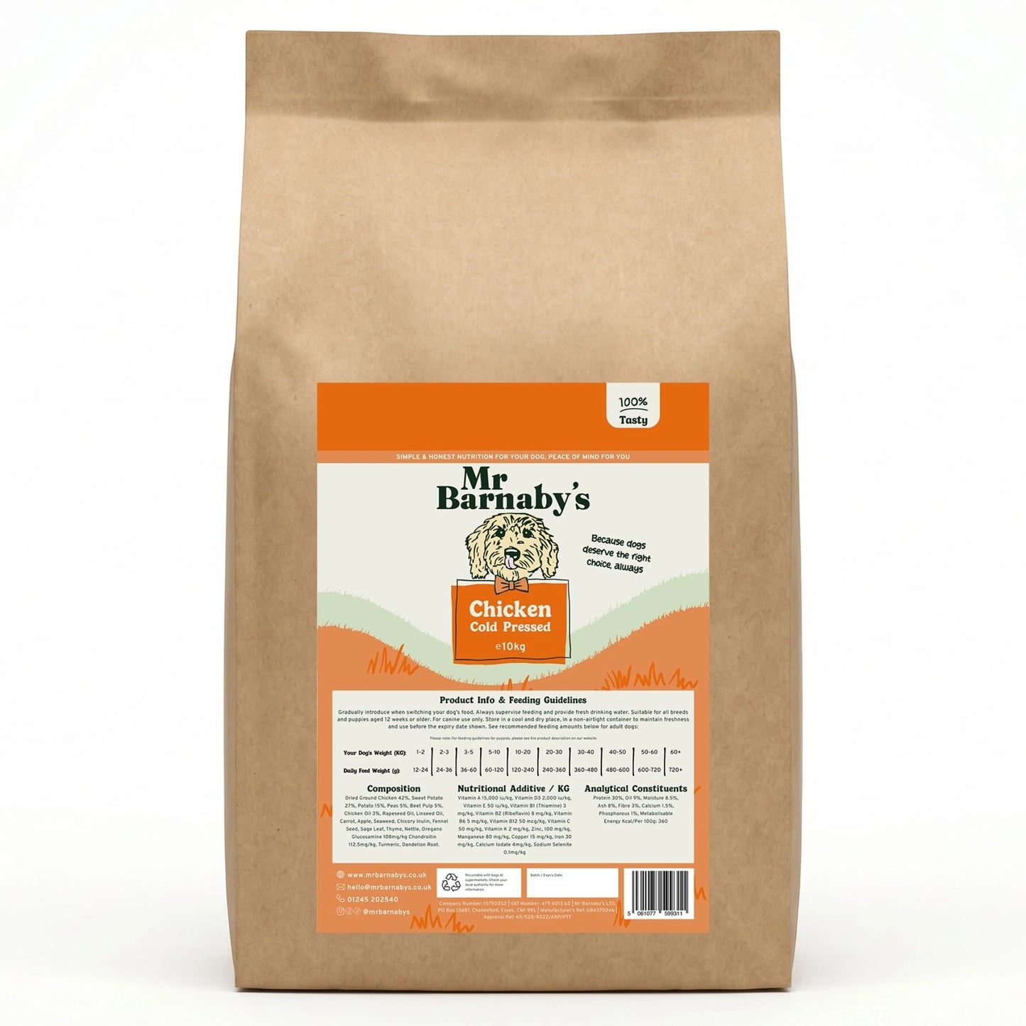 Brown bag of Mr Barnaby's Chicken Dog Food on a white background