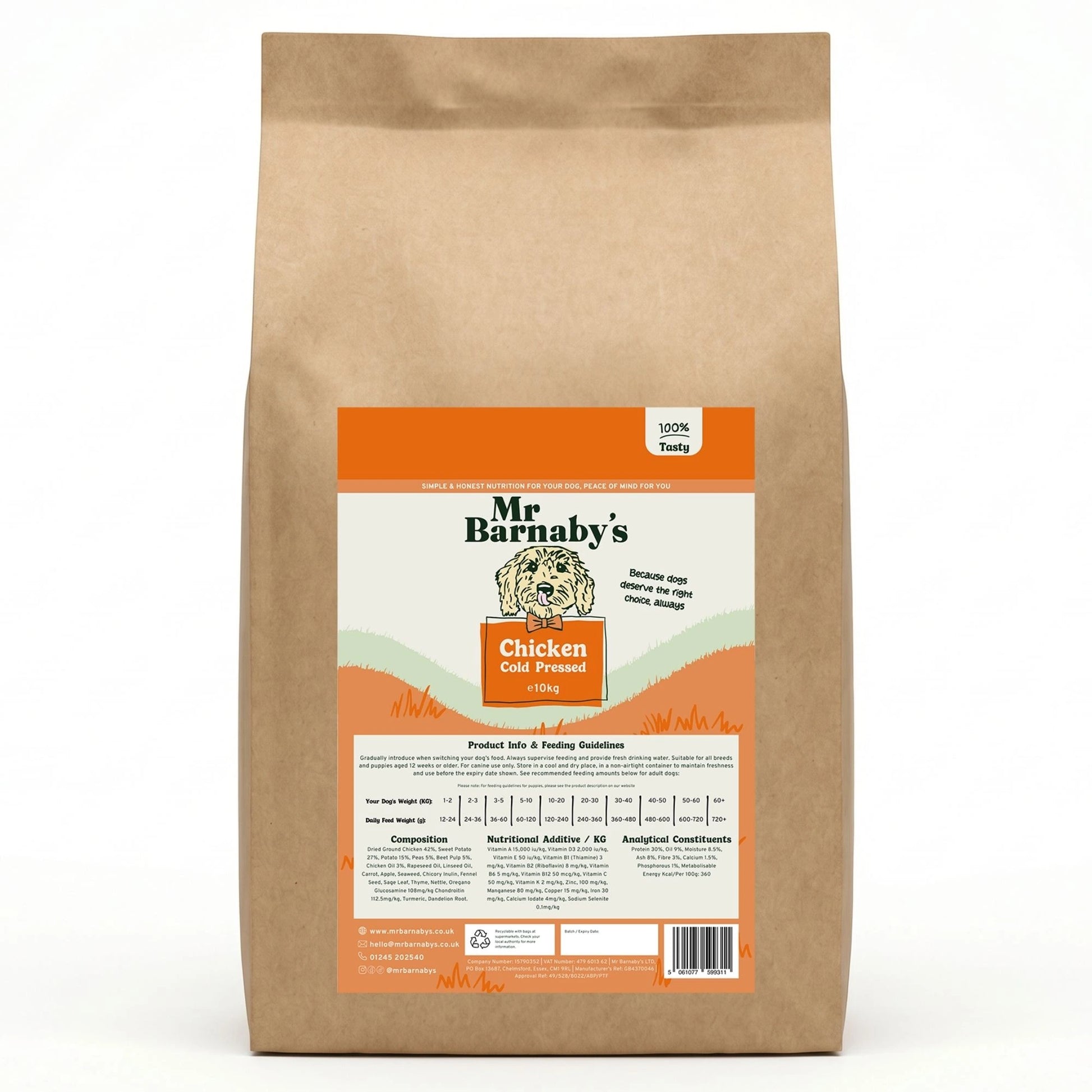 Brown bag of Mr Barnaby's Chicken Dog Food on a white background
