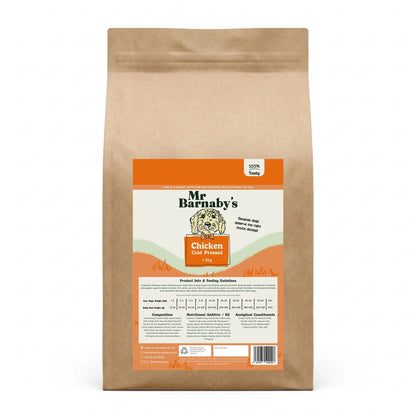 Kraft paper bag of Mr Barnaby's Chicken Dog Food with a label on a white background