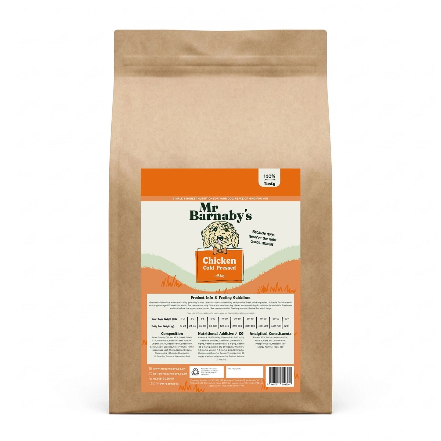Bag of Mr Barnaby's Chicken Dog Food with a brown label on a white background