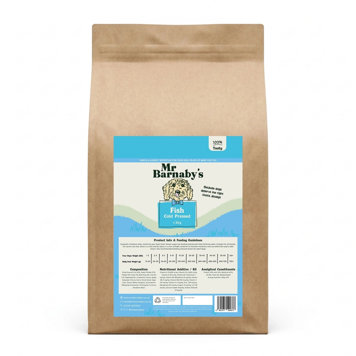 Kraft paper bag with a blue label for Mr Barnaby's Fish Dog Food on a white background