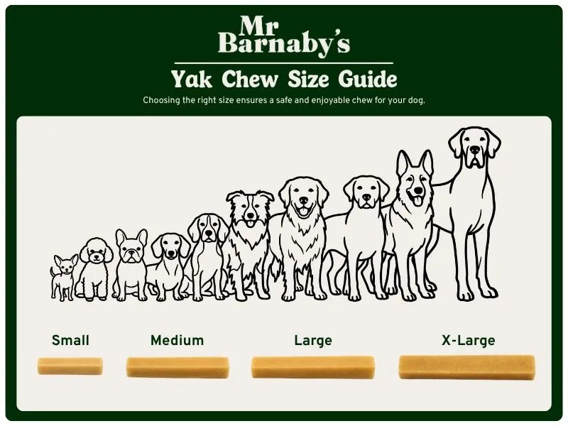 Mr Barnaby's Yak Chew Size Guide with illustrations of dogs and corresponding chew sizes.