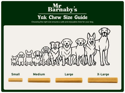 Mr Barnaby's Yak Chew Size Guide with illustrations of dogs and corresponding chew sizes.