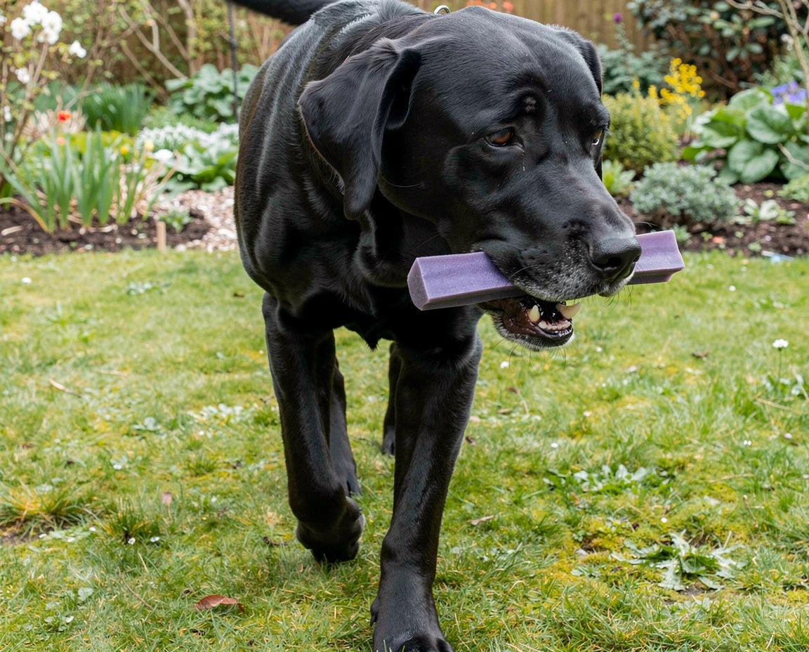 image of a black Labrador with a blueberry flavour yak chew in his mouth walking in a garden