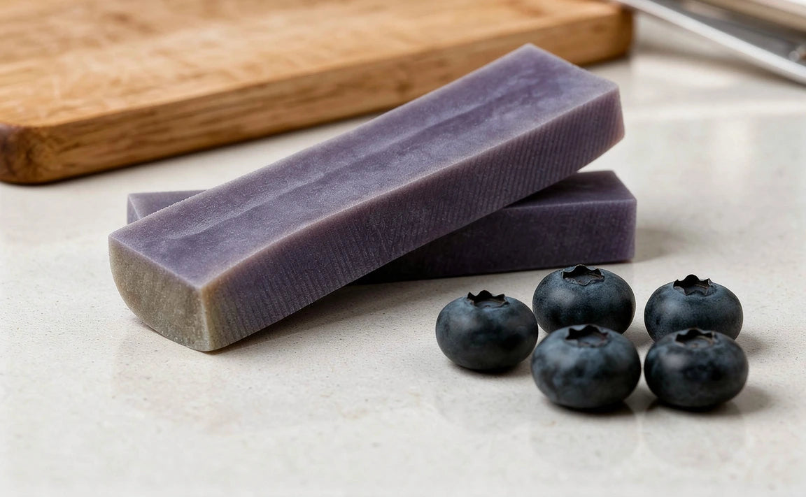 Two Blueberry flavour yak chews near a kitchen wooden chopping board with five blueberries beside them