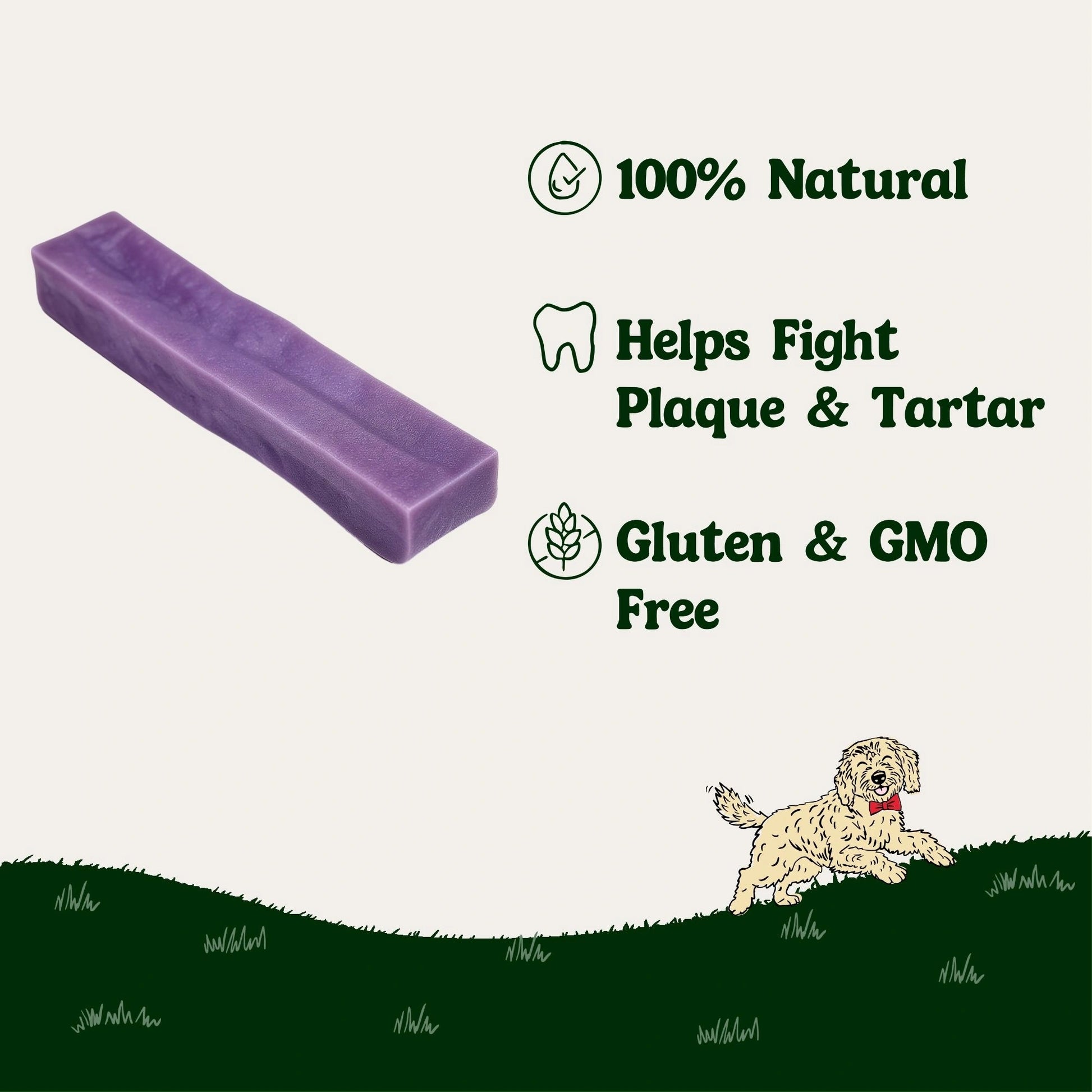 Blueberry flavour dog yak chew treat with text highlighting benefits on a white background
