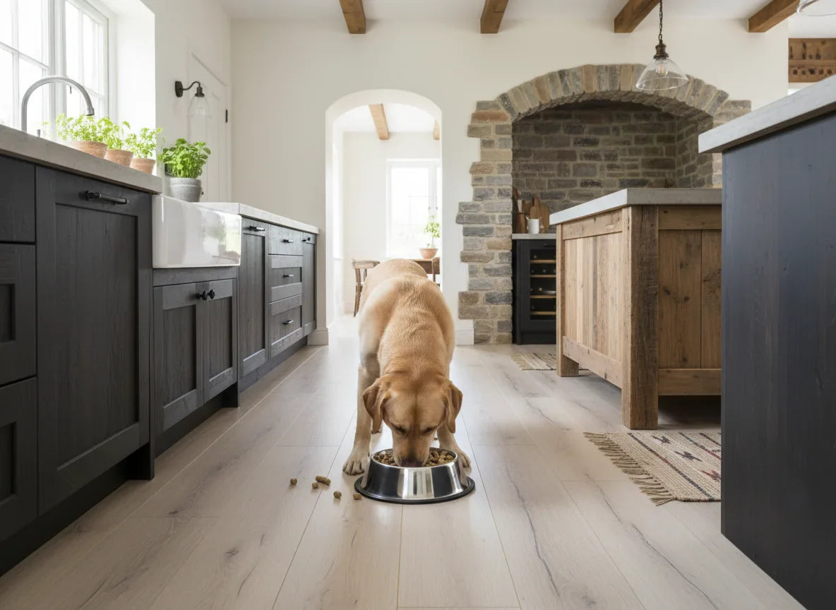 Dog eating from a bowl on a wooden floor in a modern kitchen with dark cabinets and a brick wall.