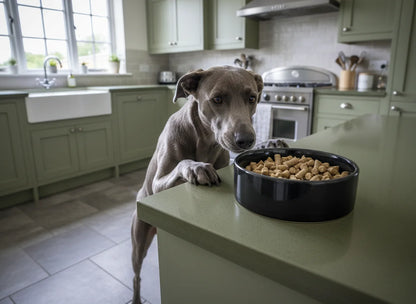 Dog standing up at a kitchen counter with a bowl of food in front of it