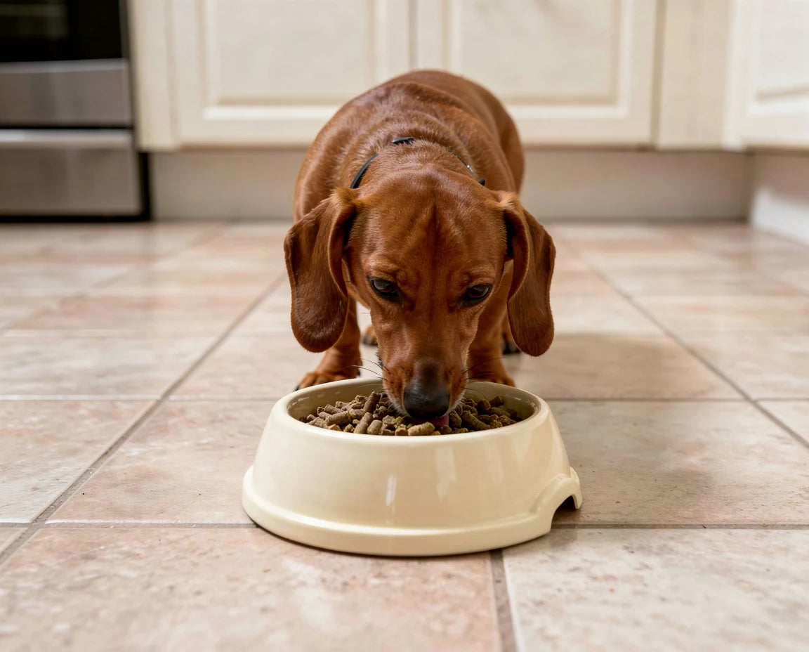 Dog eating from a bowl on a tiled floor in a kitchen