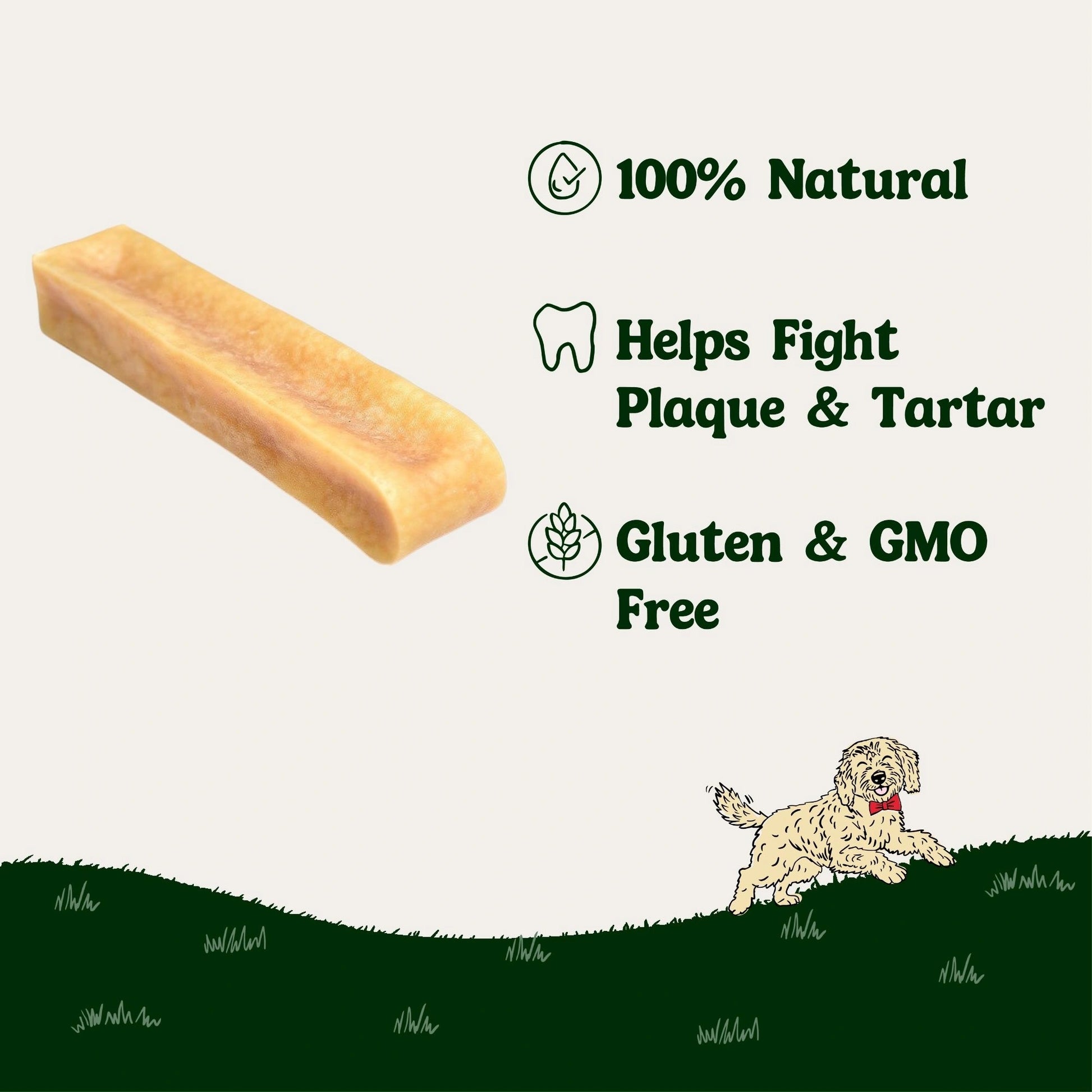 Dog yak chew treat with health benefits text on a white background