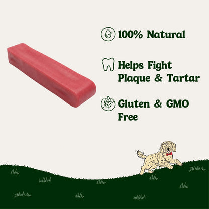 Strawberry flavour dog chew treat with health benefits text on a white background